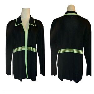 Misook Black Cardigan with Green And Yellow Trim